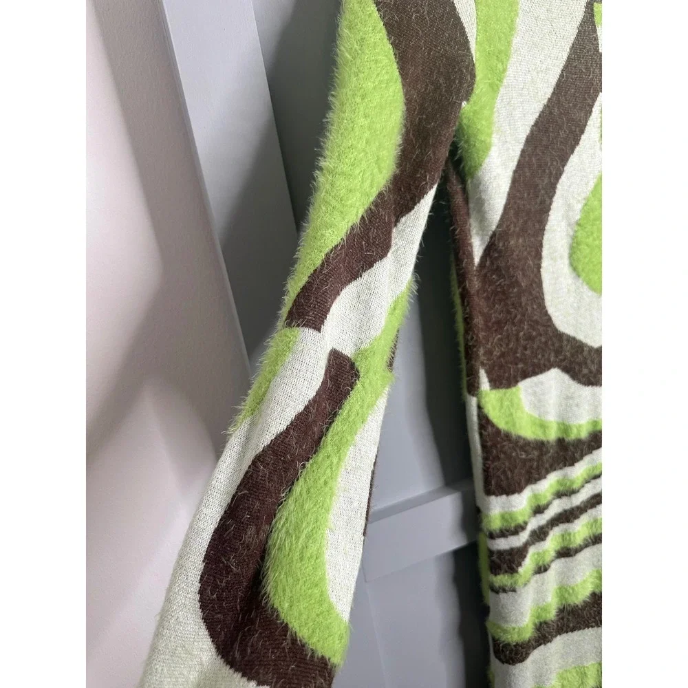 House of Sunny NWTSwirl Fuzzy Knit Midi Dress Green Brown Cut Out Back SIZE 10